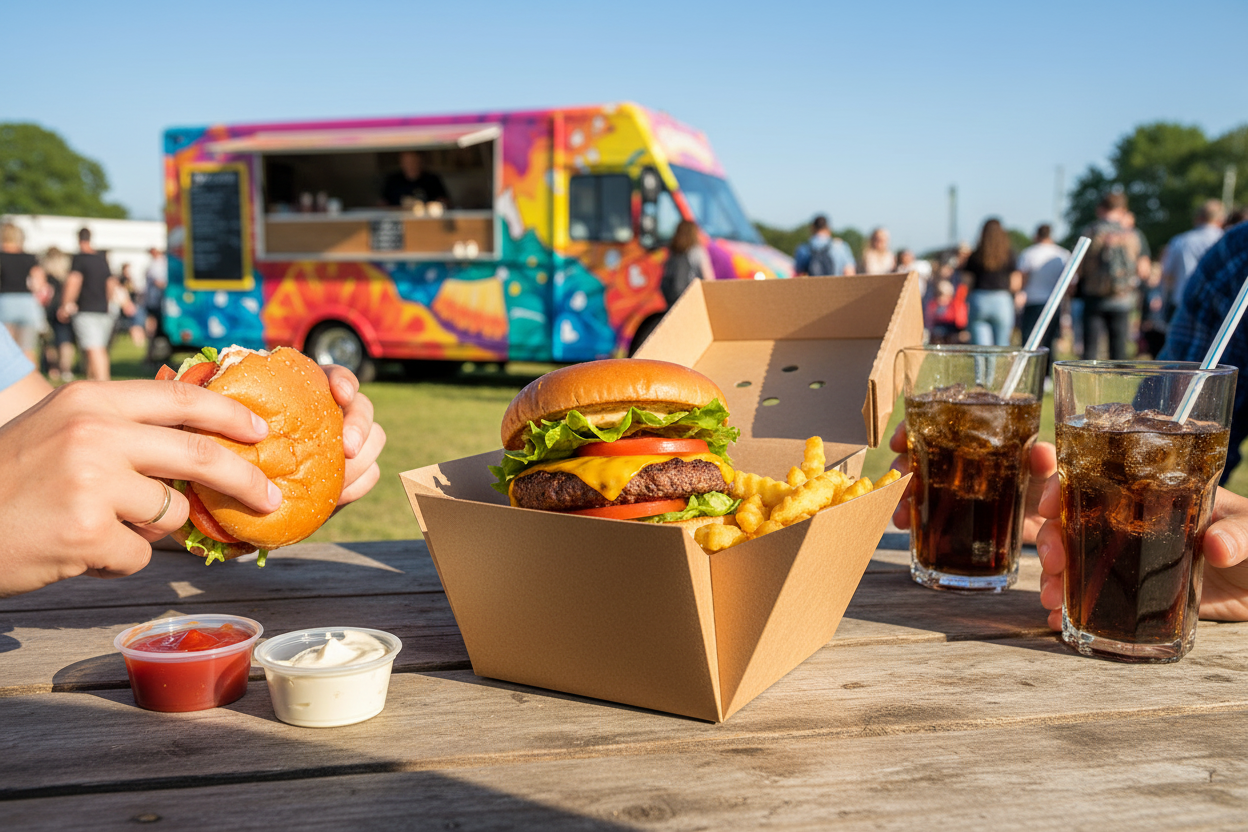 Burger meal box with fries and cola at festival food van