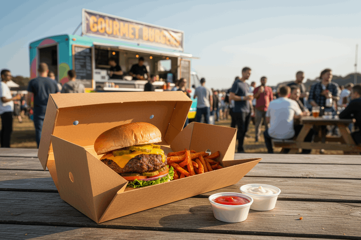 Burger meal box with sweet potato fries at festival food van