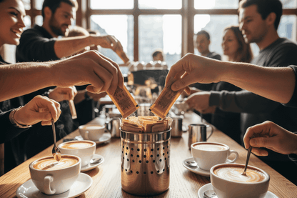Busy cafe scene with multiple customers using brown sugar sachets