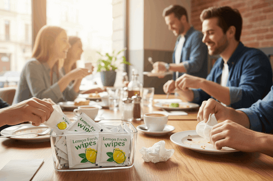 Busy cafe scene with multiple customers using lemon fresh wipes