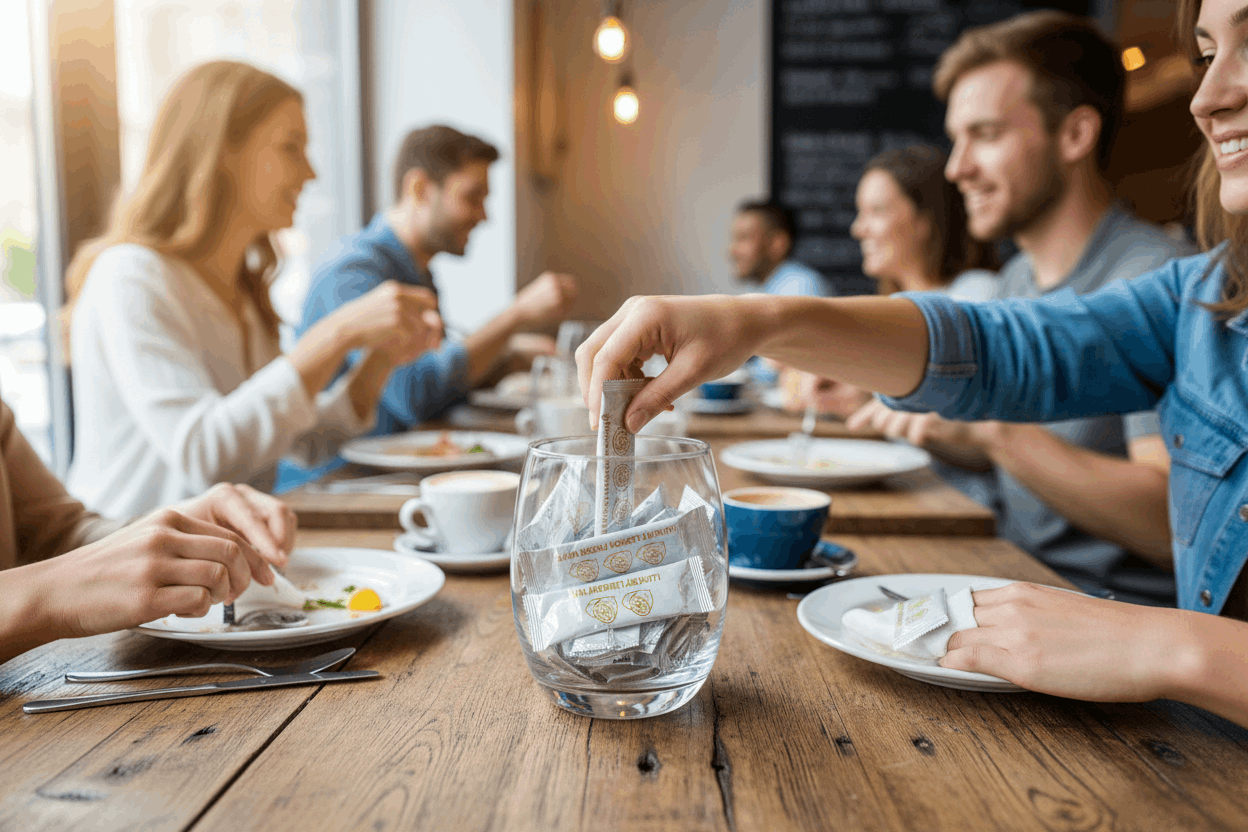 Busy cafe scene with multiple customers using lemon fresh wipes