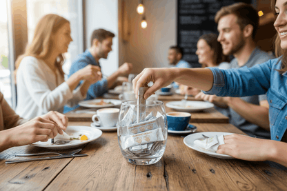 Busy cafe scene with multiple customers using lemon fresh wipes