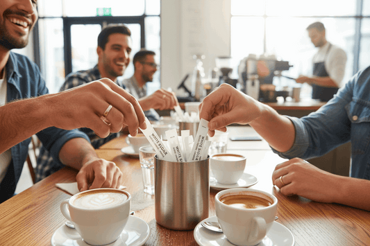 Busy cafe scene with multiple customers using sugar sticks