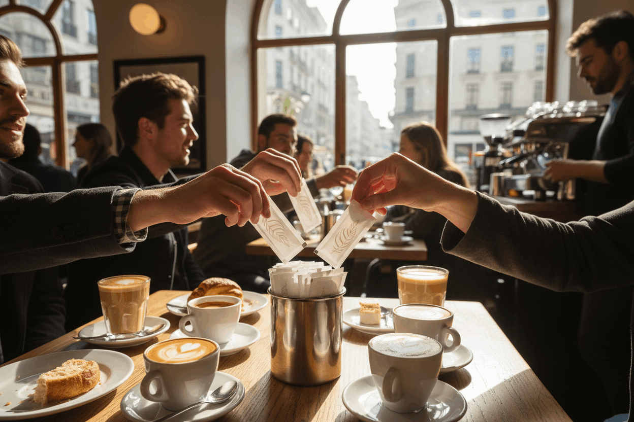 Busy cafe scene with multiple customers using white sugar sachets