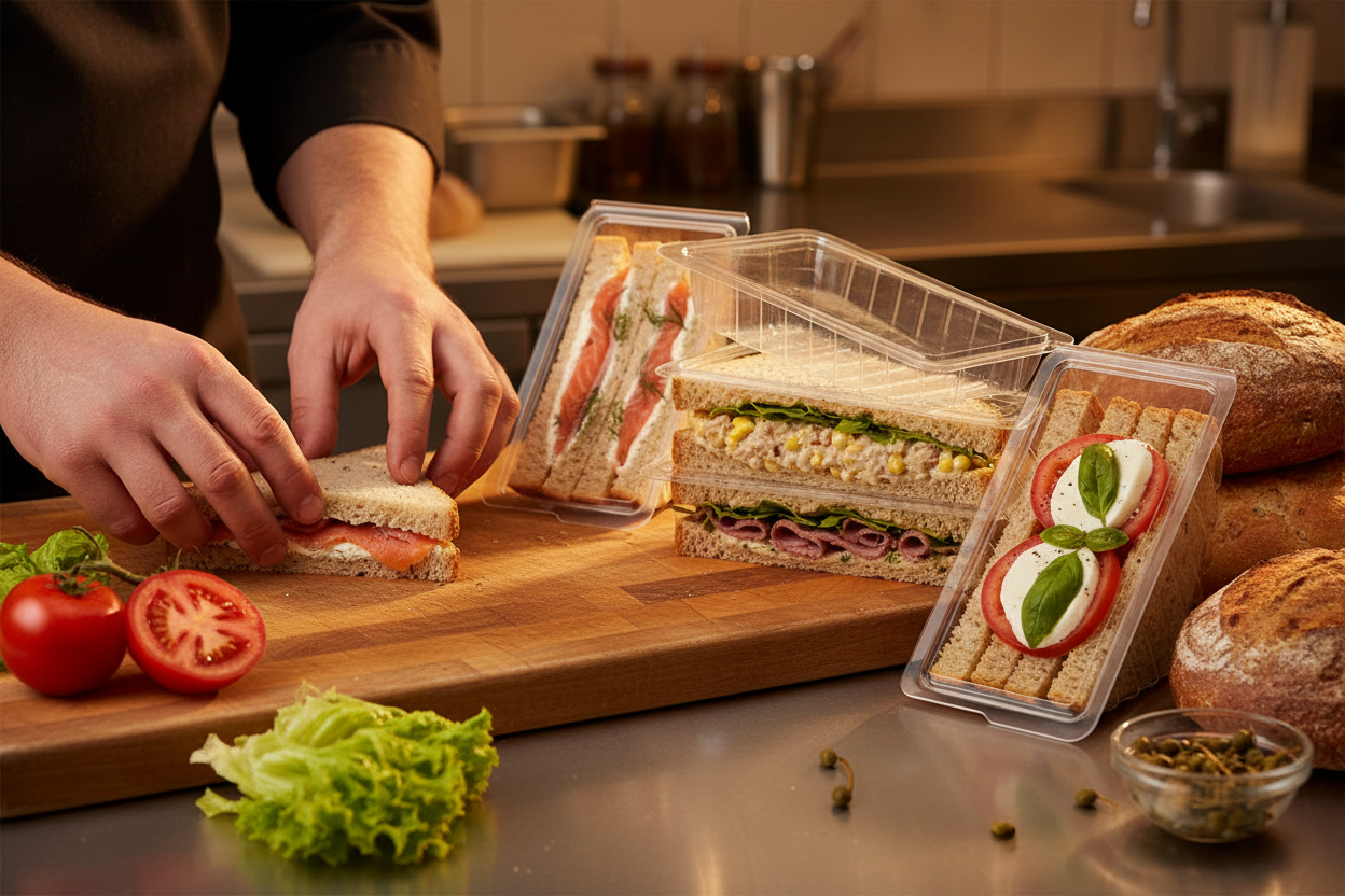 Busy Kitchen - Chef Assembling Deep Fill Hinged Sandwich Wedge rPET