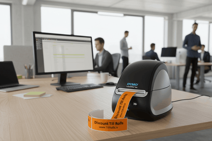 Busy office with Dymo printer printing orange Discount Till Rolls branded Dymo labels