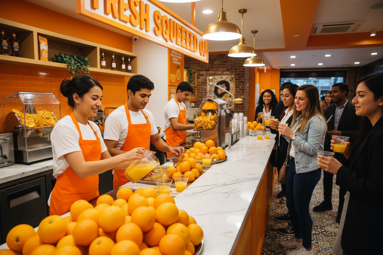 Busy orange juice bar serving customers