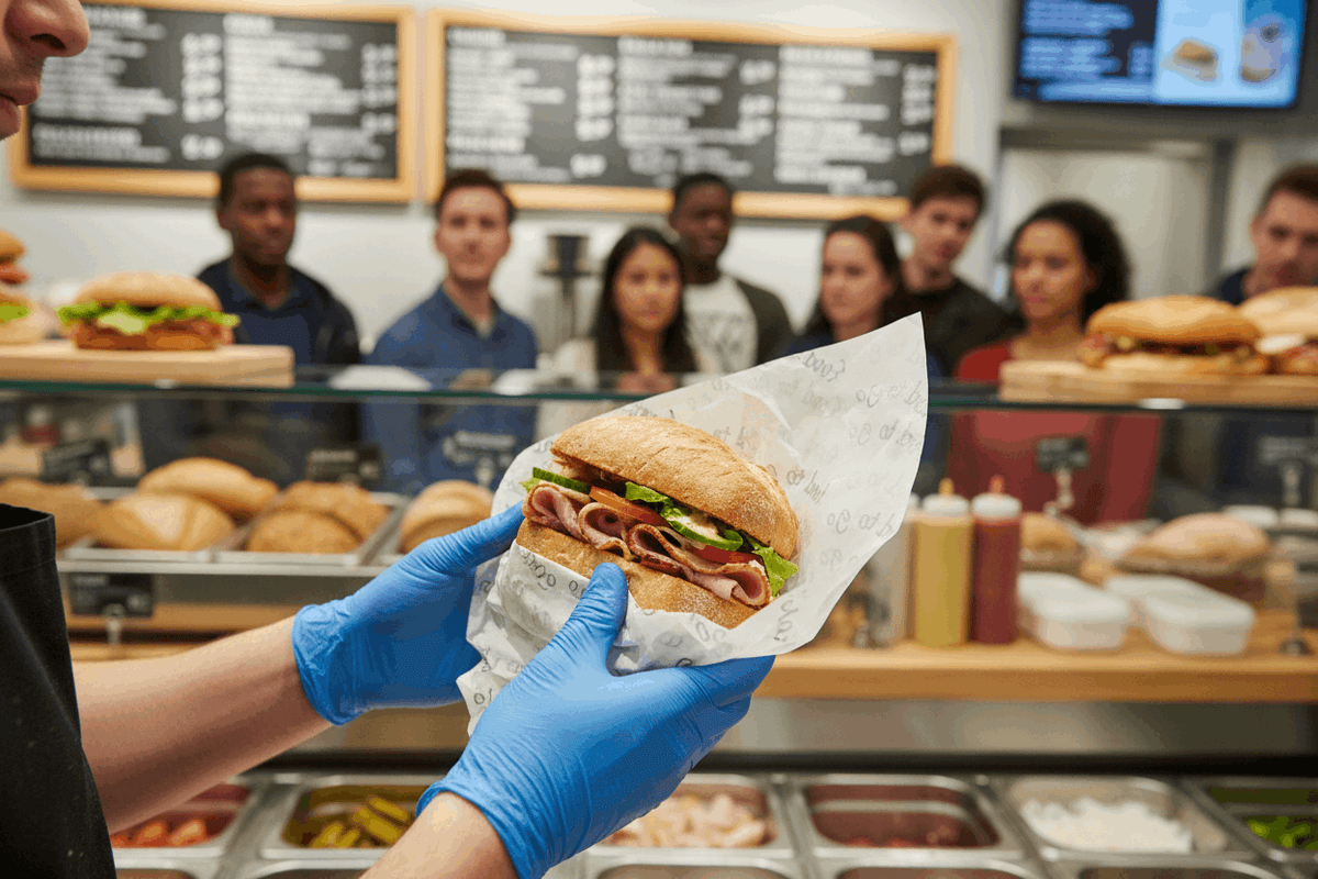 Busy sandwich shop staff member wrapping bread roll in Food to Go greaseproof sheets