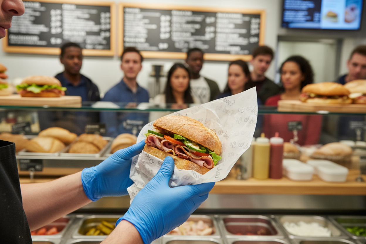 Busy sandwich shop staff member wrapping bread roll in Food to Go greaseproof sheets