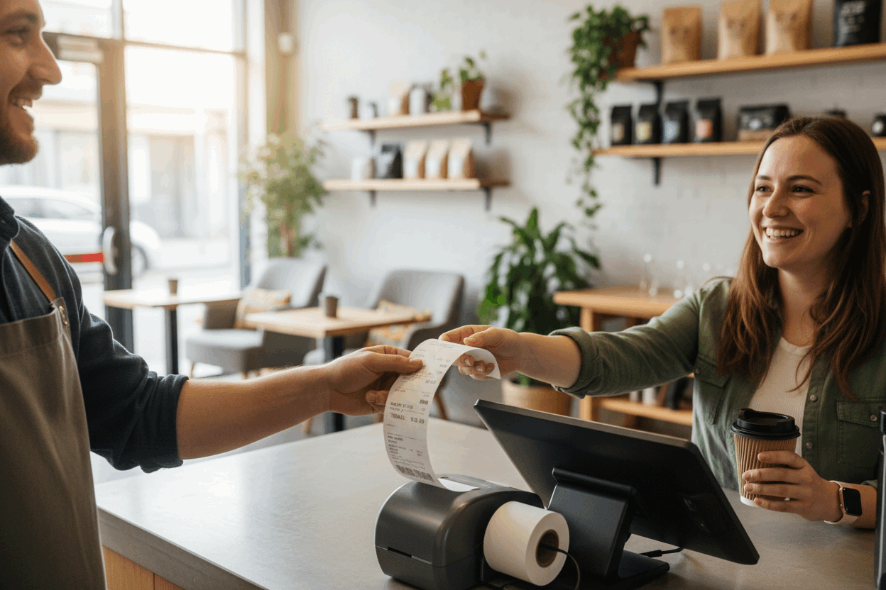 Café customer receiving 80mm thermal receipt