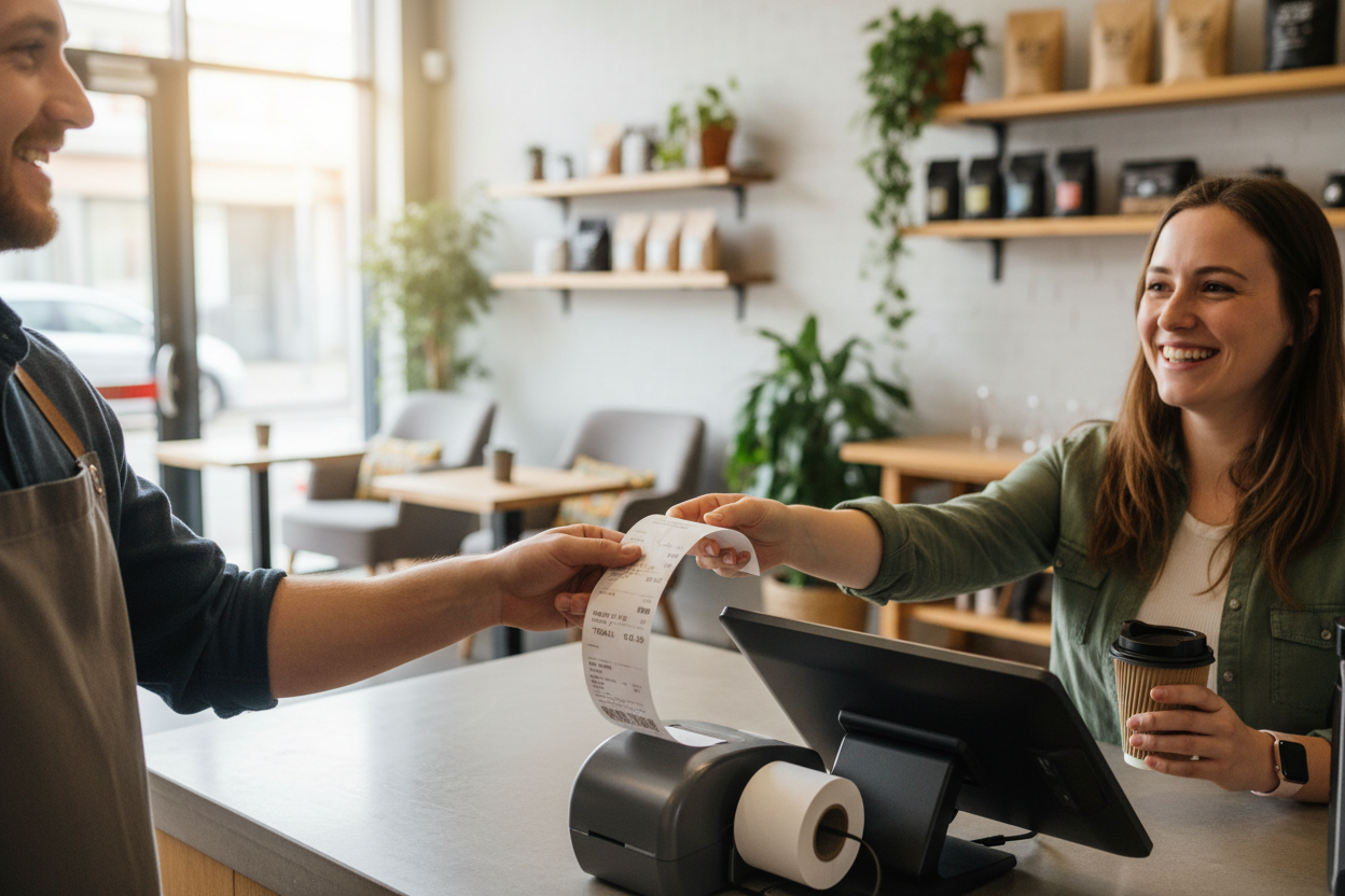 Café customer receiving 80mm thermal receipt