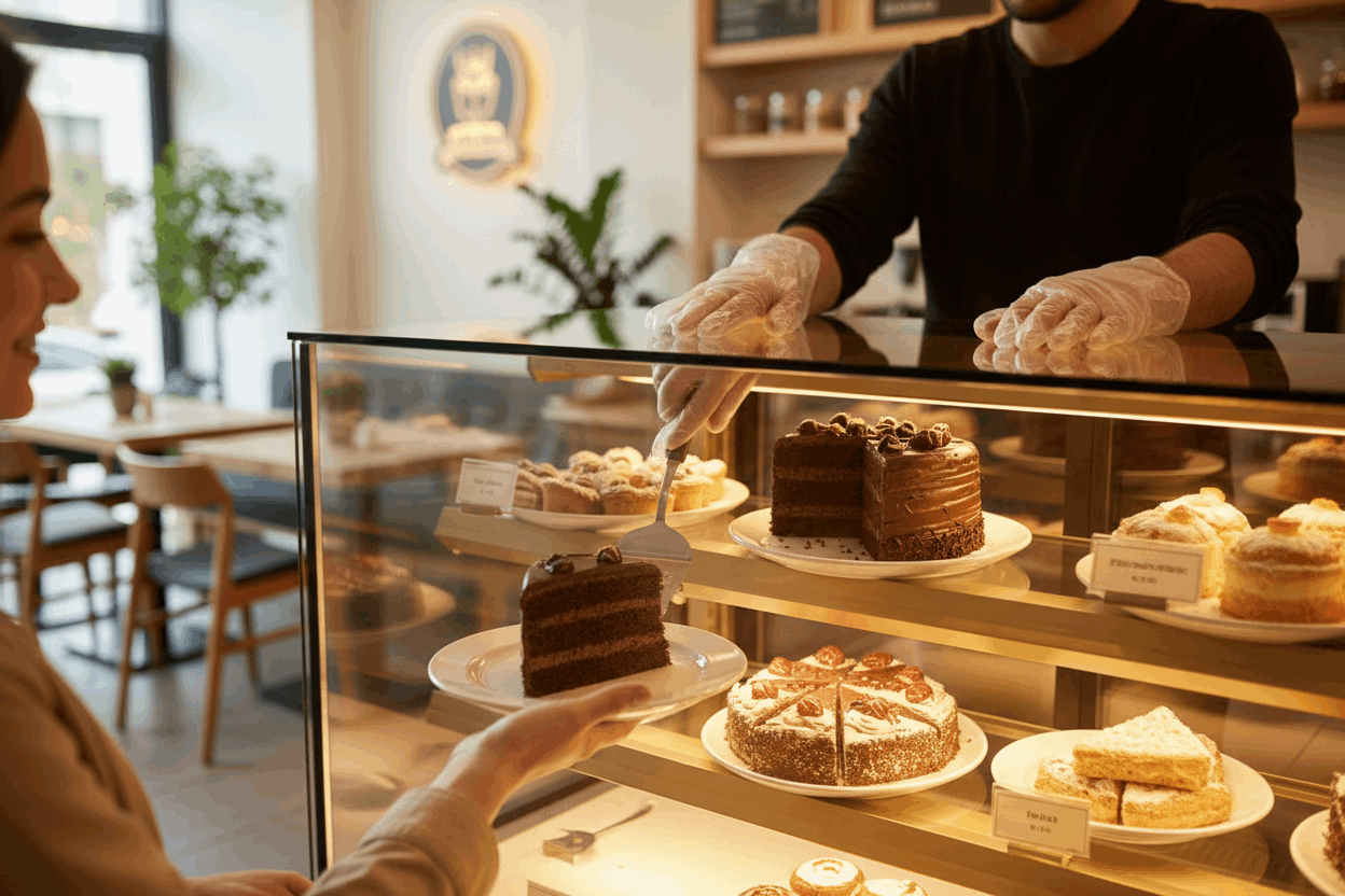 Café staff member wearing clear PE poly gloves lifting cake from display case