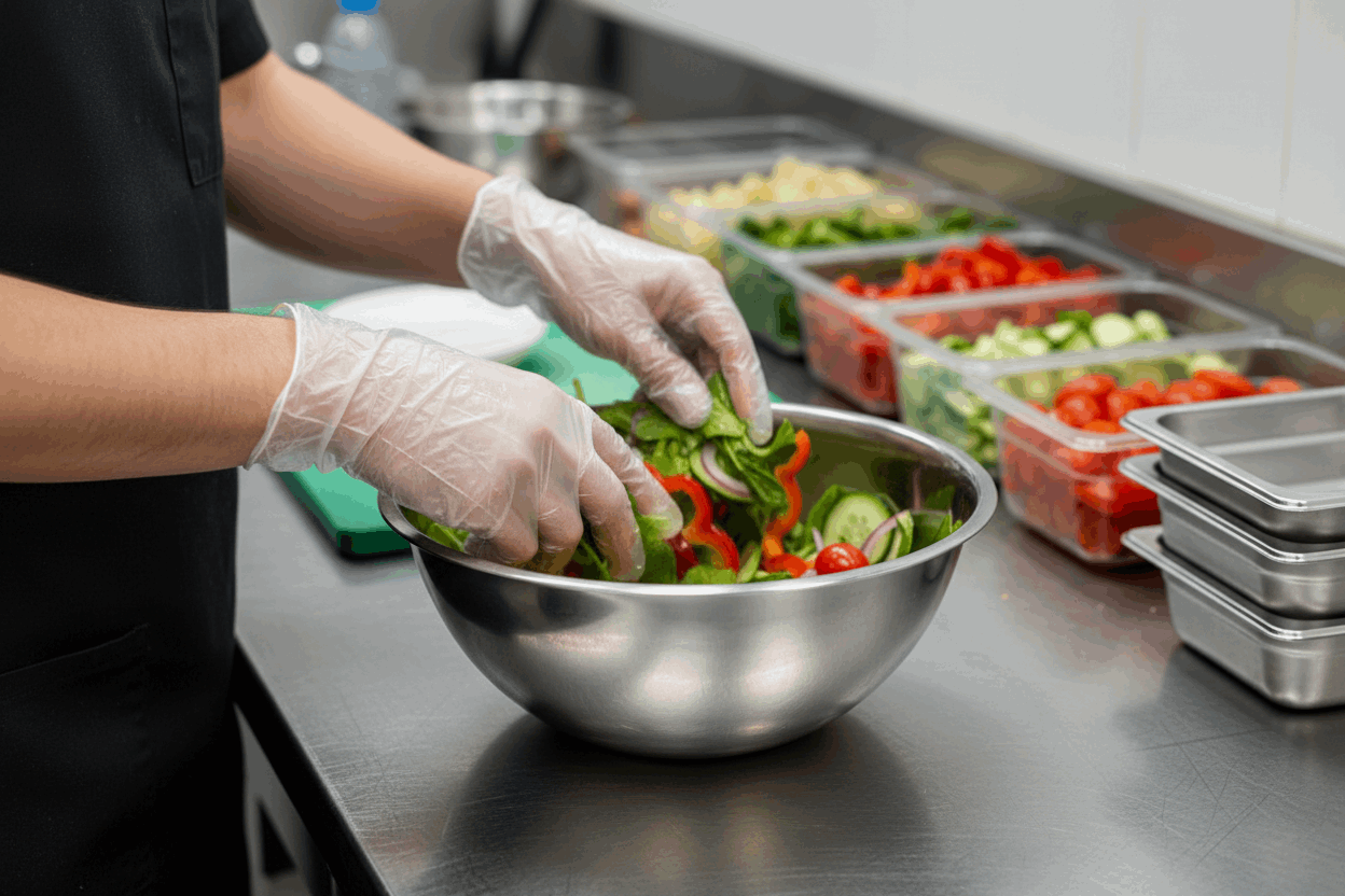Café staff member wearing clear PE poly gloves making a salad bowl for takeaway