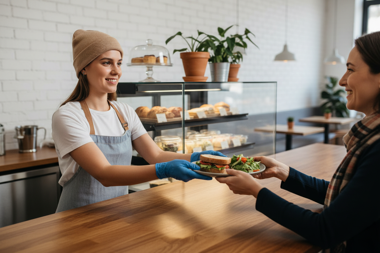 Café worker wearing blue vinyl gloves serving food at counter