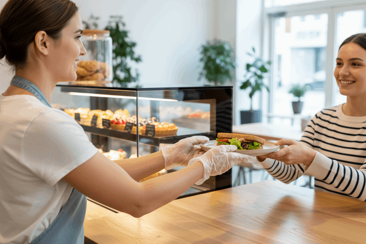 Café worker wearing clear vinyl gloves serving food at counter