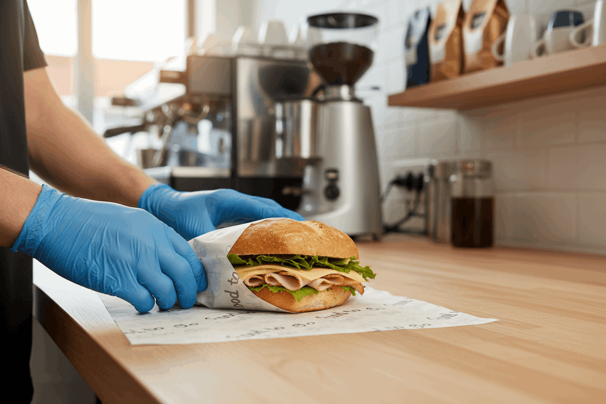 Cafe staff member in blue vinyl gloves wrapping bread roll in Food to Go greaseproof sheets