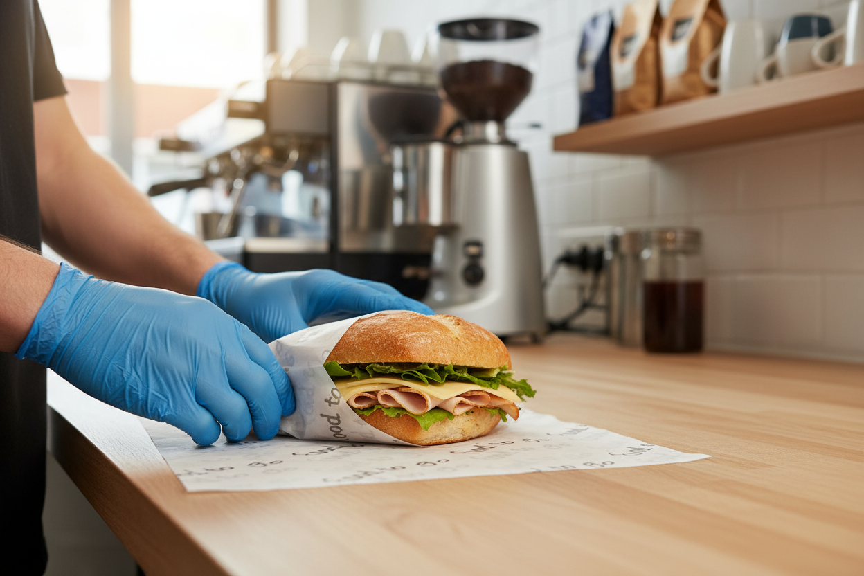 Cafe staff member in blue vinyl gloves wrapping bread roll in Food to Go greaseproof sheets