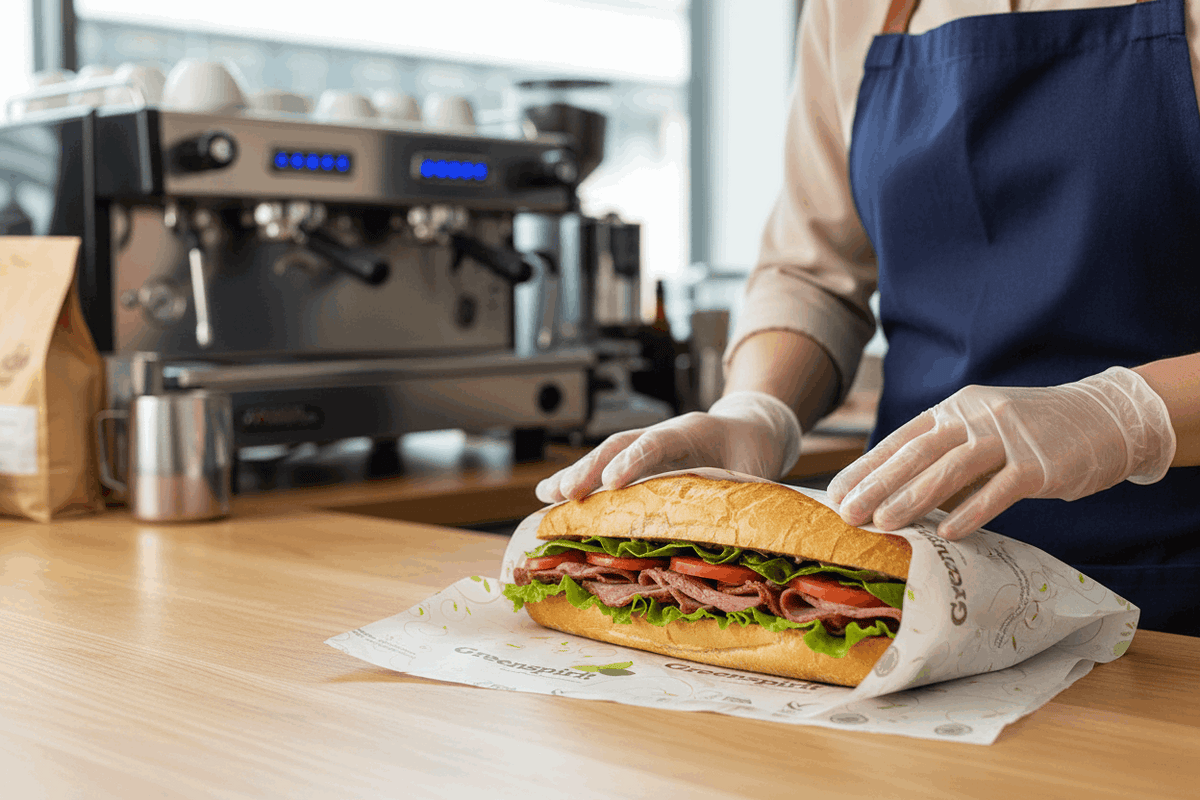 Café staff member wrapping long bread roll in Greenspirit Compostable Greaseproof Sheets