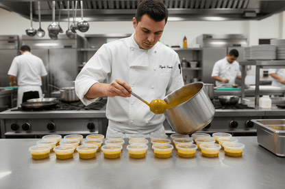 Chef filling 2oz containers with curry sauce