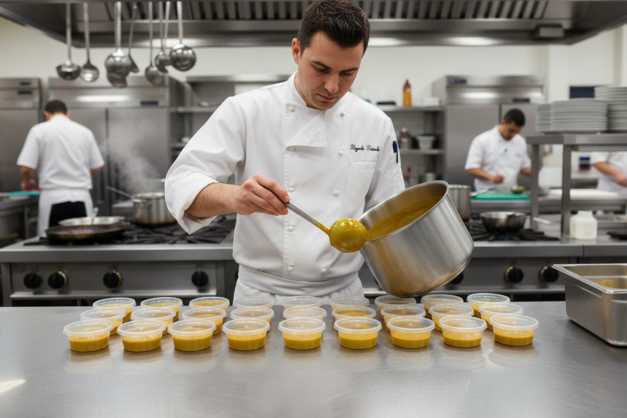 Chef filling 2oz containers with curry sauce
