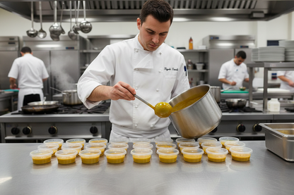 Chef filling 2oz containers with curry sauce