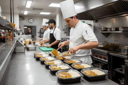Chef filling 34oz black microwavable containers with curry and rice