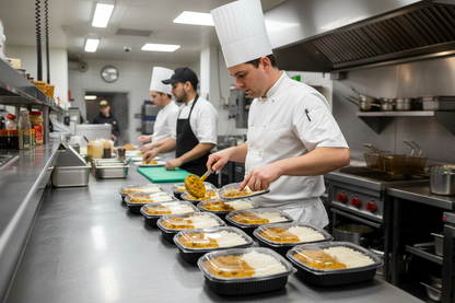 Chef filling 34oz black microwavable containers with curry and rice