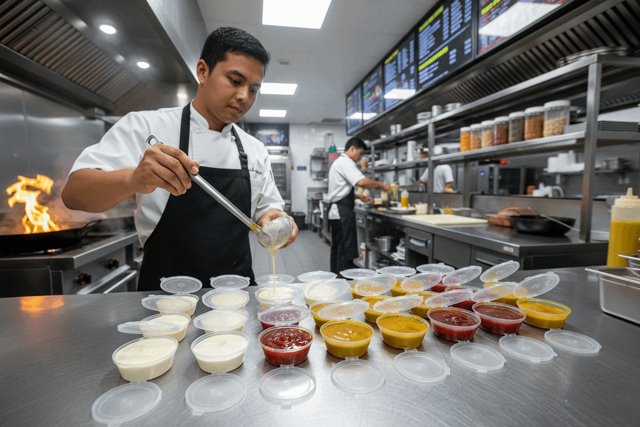 Chef filling 1oz Fusion Sauce Pots with Integrated Hinged Lid in busy Asian kitchen