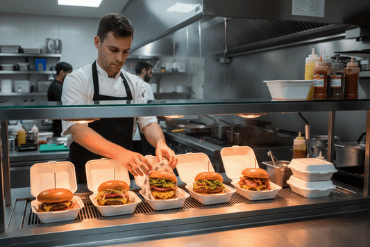 Chef packing various burgers in bagasse boxes on warming shelf