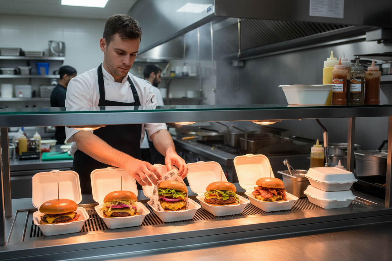 Chef packing various burgers in bagasse boxes on warming shelf