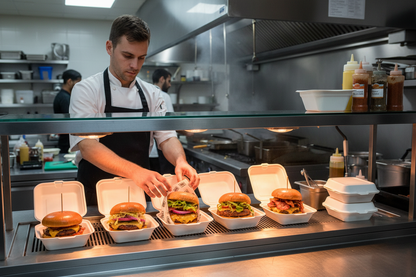 Chef packing various burgers in bagasse boxes on warming shelf