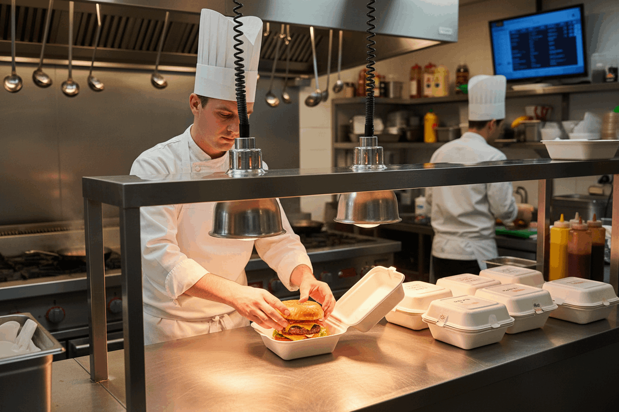 Chef preparing burgers in bagasse boxes under heat lamps