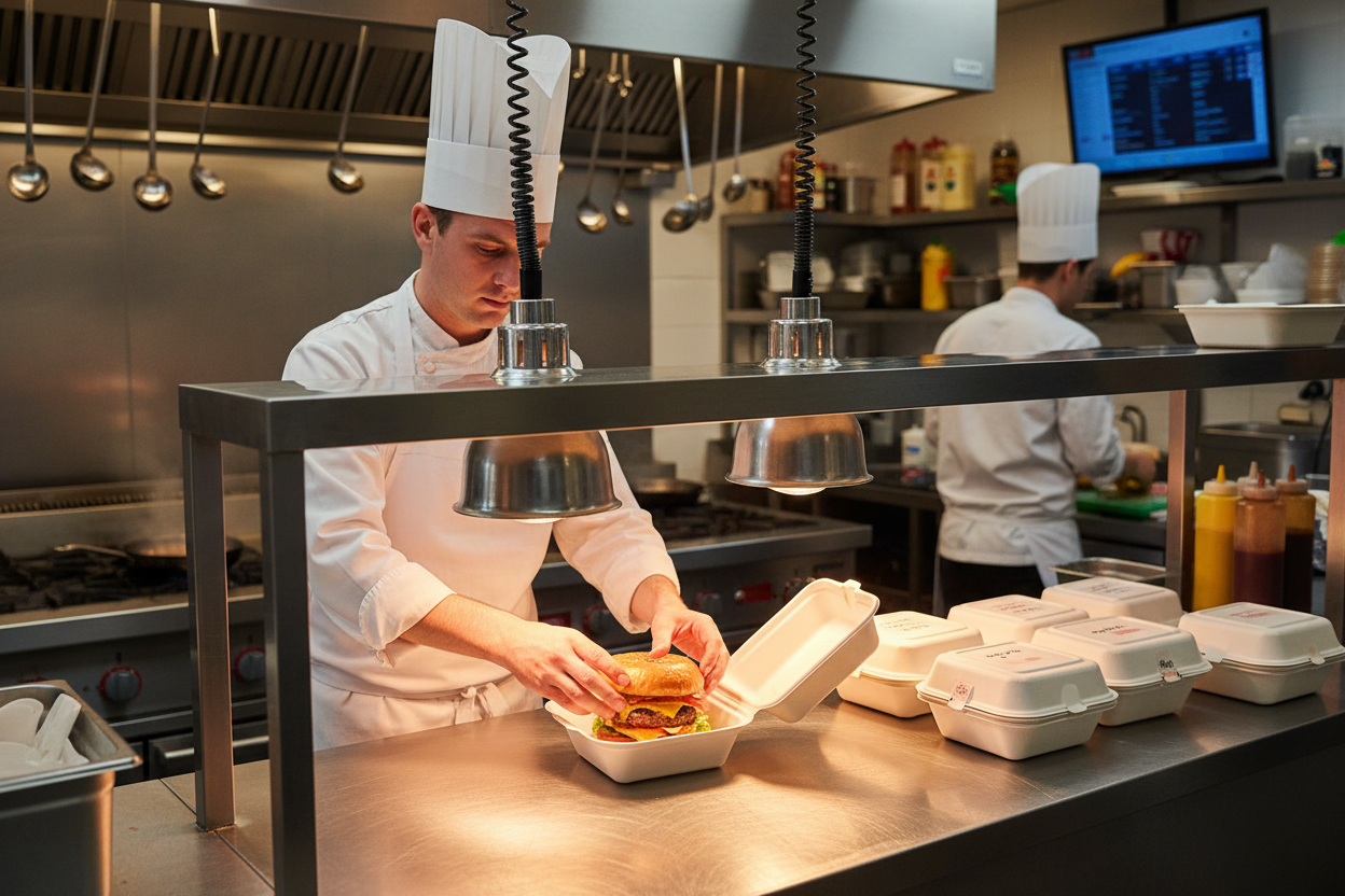 Chef preparing burgers in bagasse boxes under heat lamps