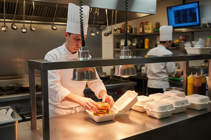 Chef preparing burgers in bagasse boxes under heat lamps