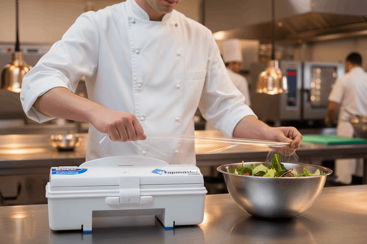 Chef using Wrapmaster 3000 to seal salad bowl with cling film in commercial kitchen