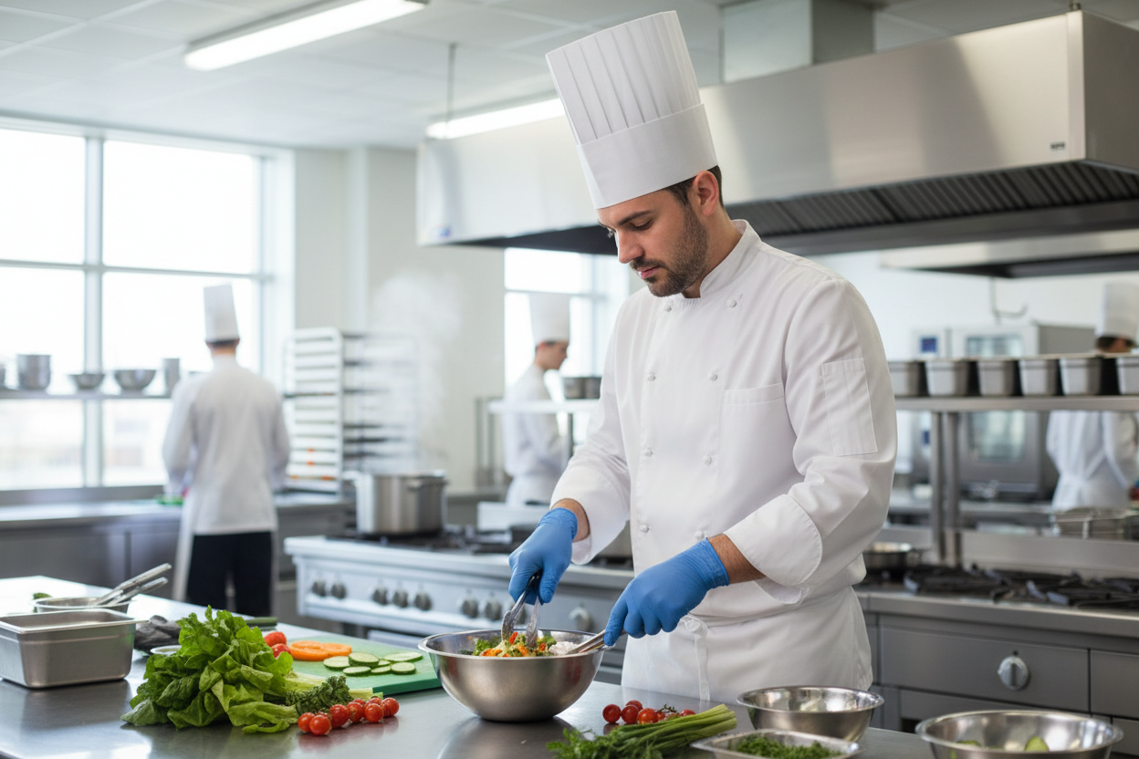 Chef wearing blue vinyl gloves preparing food in commercial kitchen