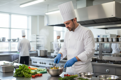 Chef wearing blue vinyl gloves preparing food in commercial kitchen