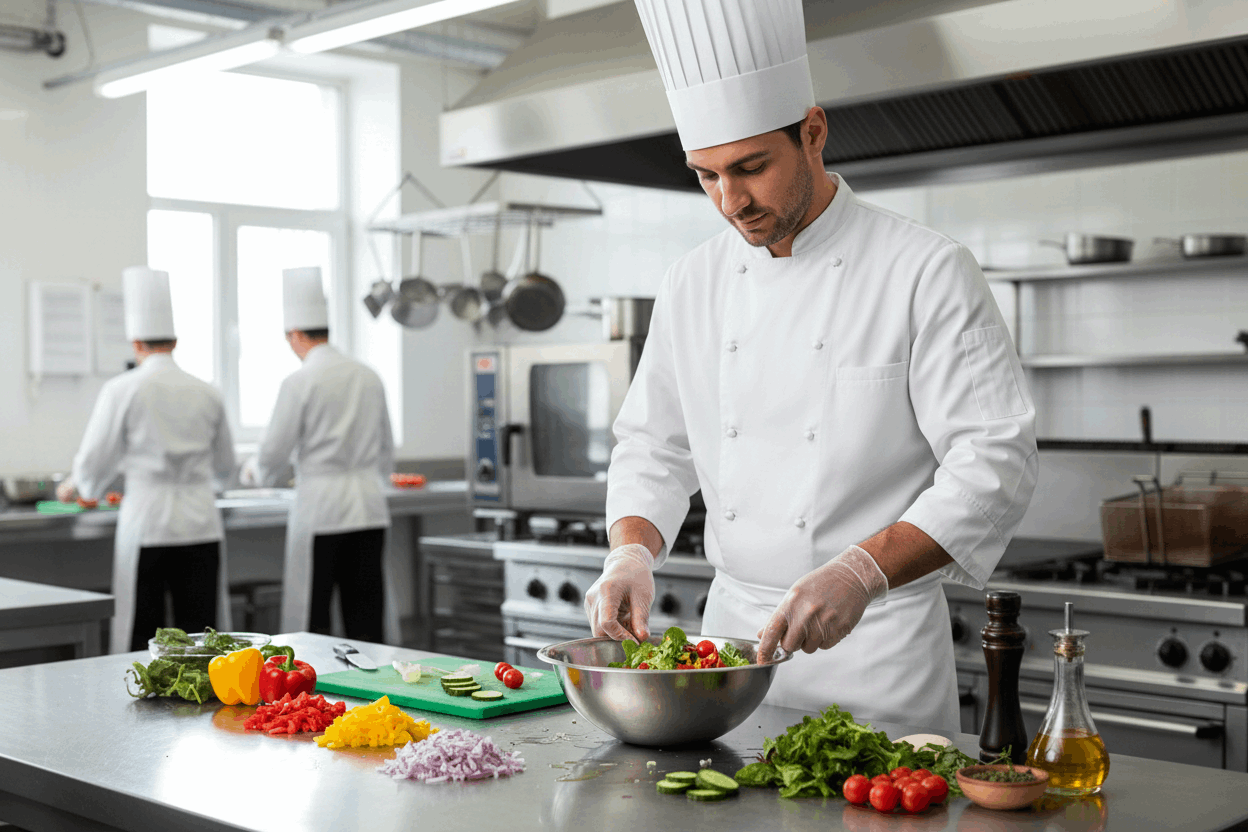 Chef wearing clear vinyl gloves preparing food in commercial kitchen