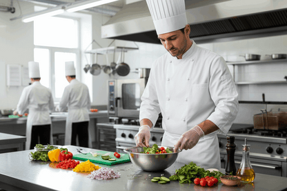 Chef wearing clear vinyl gloves preparing food in commercial kitchen