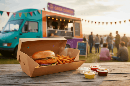 Chicken burger meal box with multiple sauce pots at festival