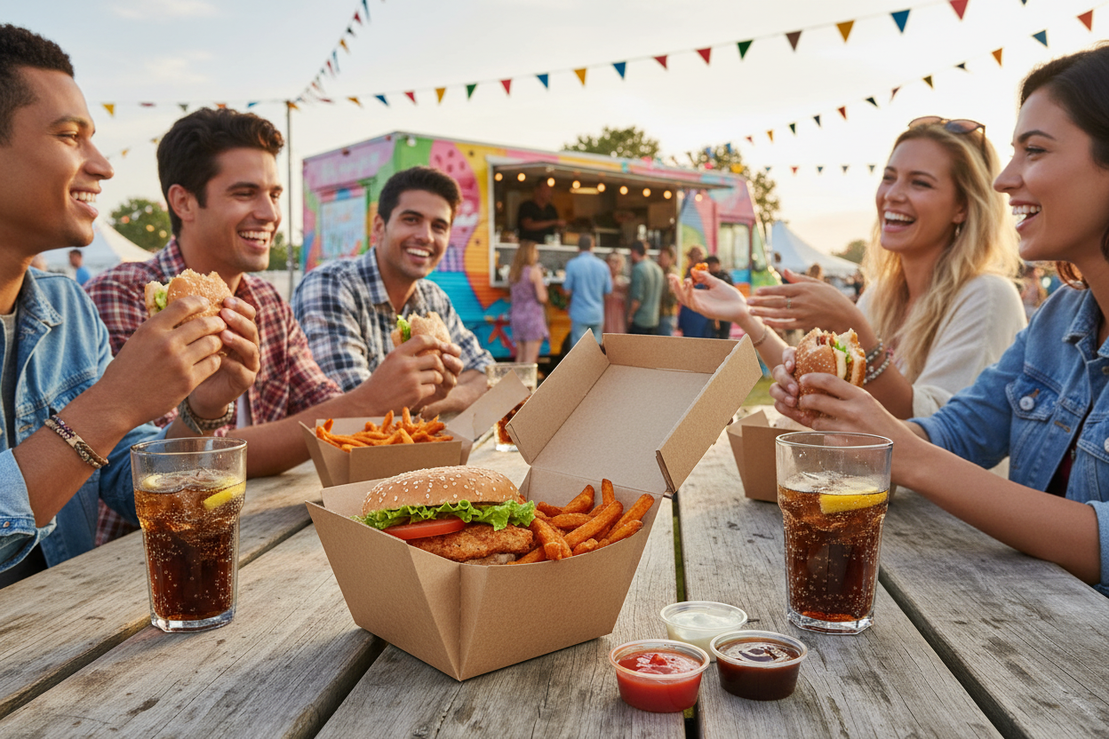 Chicken burger meal box with multiple sauces and cola at festival