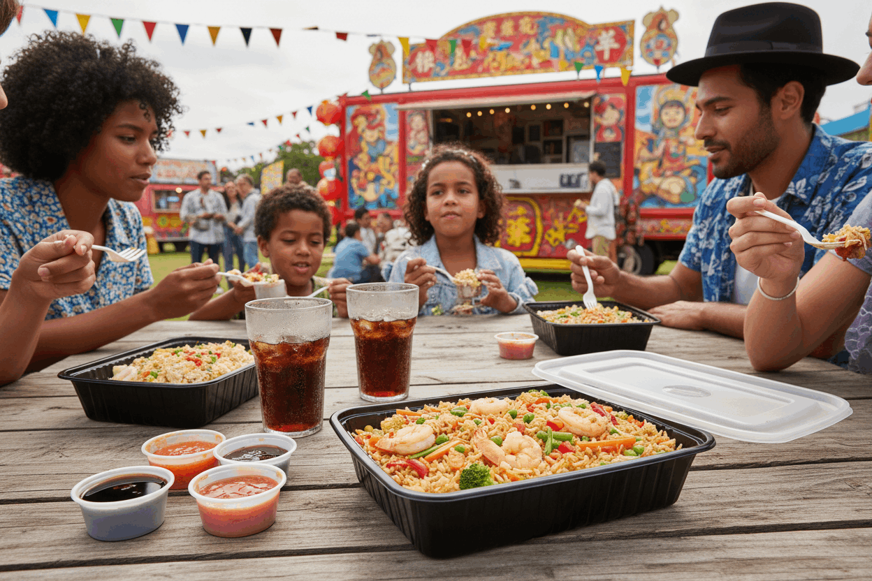 Chinese fried rice in black container with multiple sauces and cola at festival
