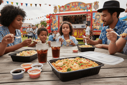Chinese fried rice in black container with multiple sauces and cola at festival