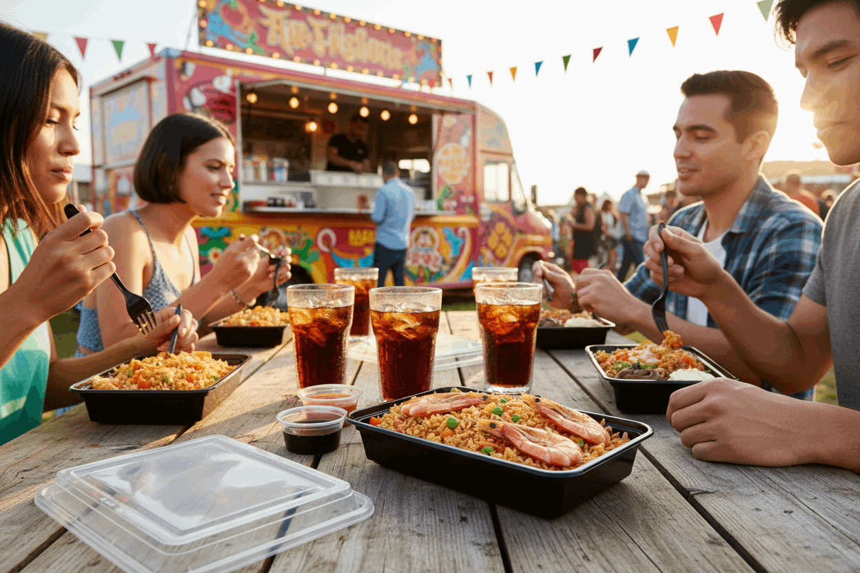 Chinese fried rice in black container with multiple sauces and cola at festival