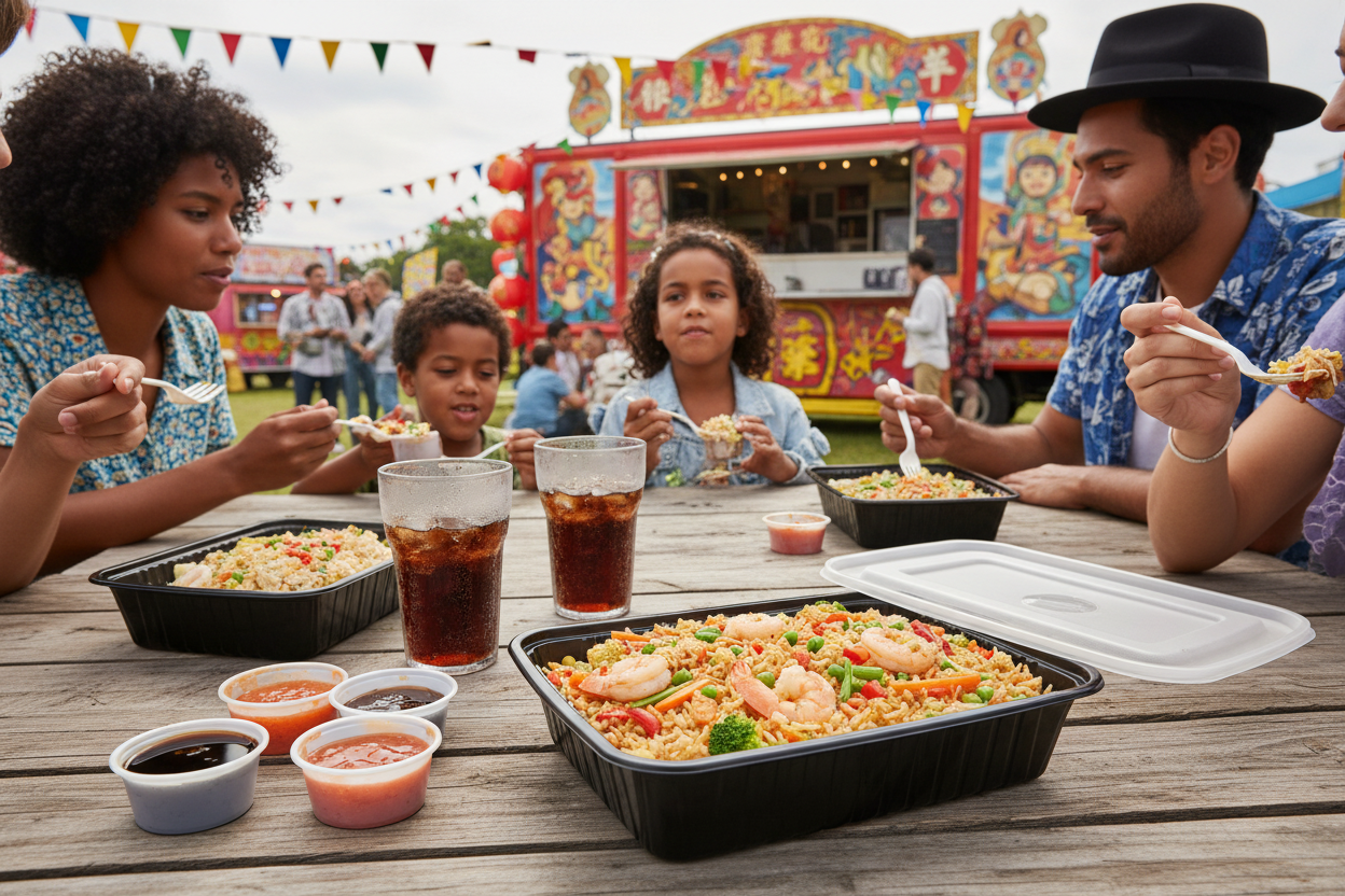 Chinese fried rice in black container with multiple sauces and cola at festival
