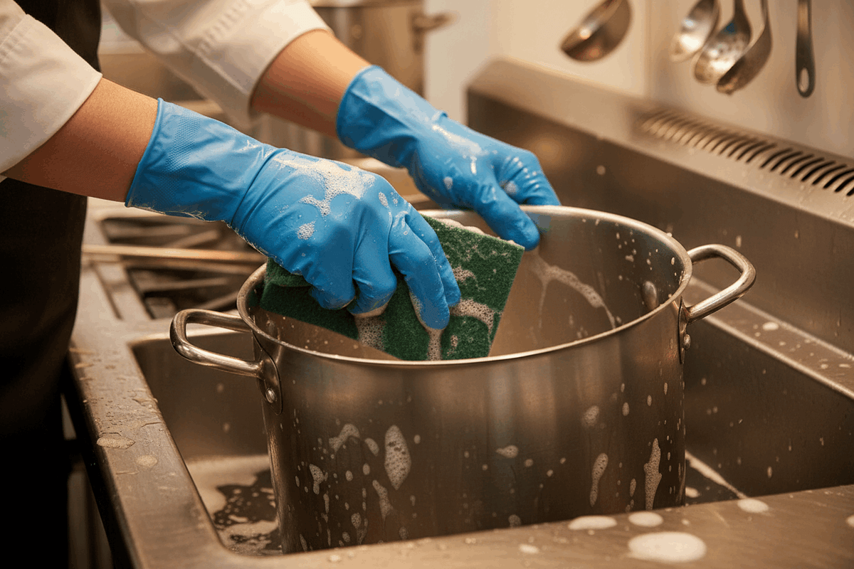 Close-up green scouring pad pot scrubbing