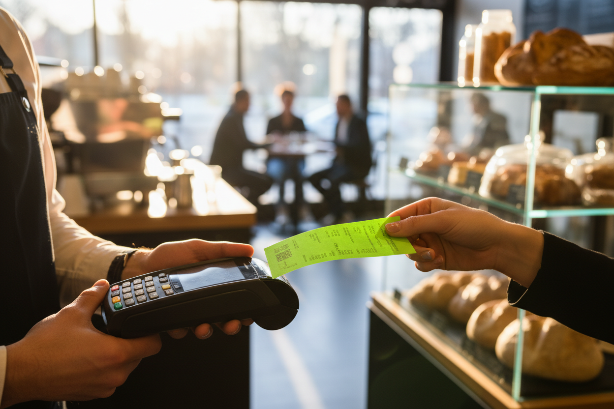 Close-up of barista handing green credit card receipt in busy Irish café