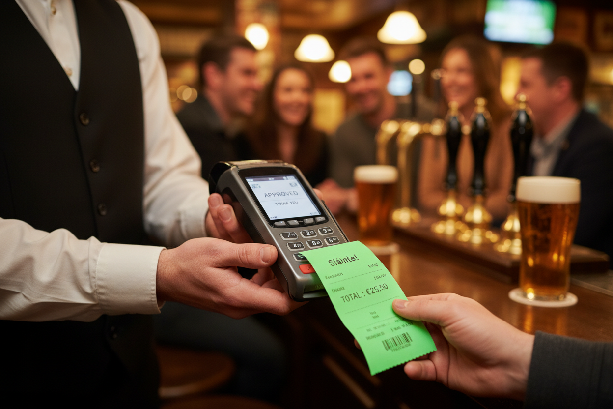 Close-up of barman handing green credit card receipt in busy Irish pub