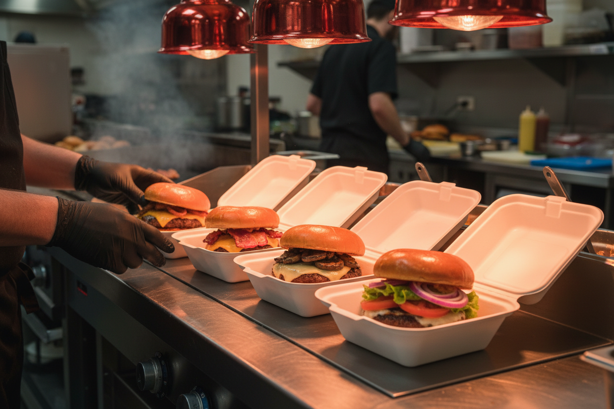 Close-up of chef arranging burgers in bagasse boxes on heated shelf