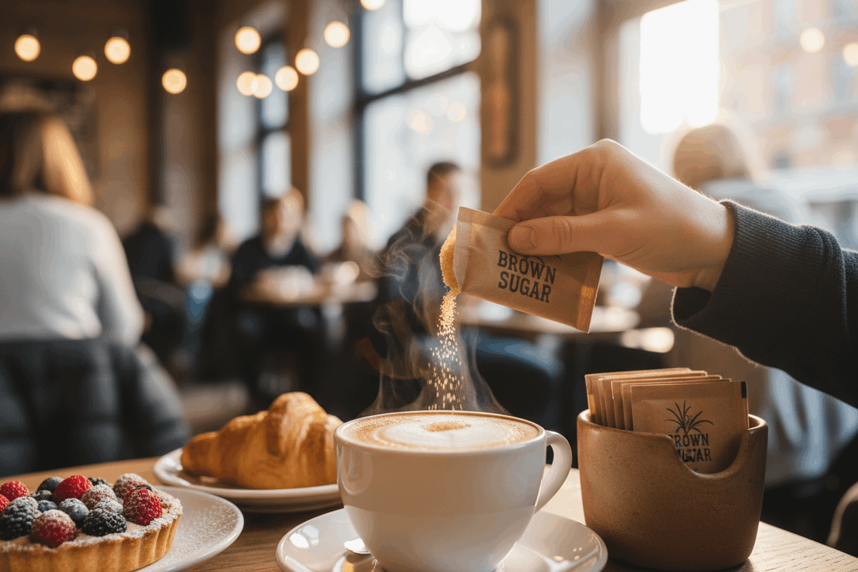 Close-up of customer using brown sugar sachet with cappuccino